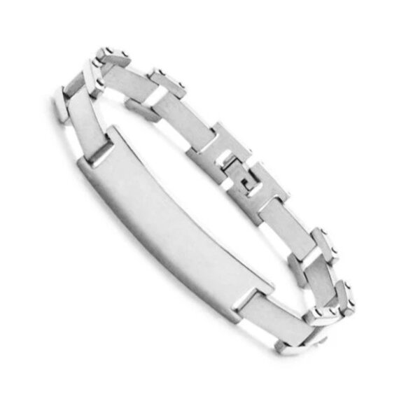 CLASSIC 8" LINKED SINGLE BAR STAINLESS STEEL BRACELET WITH ENGRAVABLE PLATE. - Picture 2 of 4